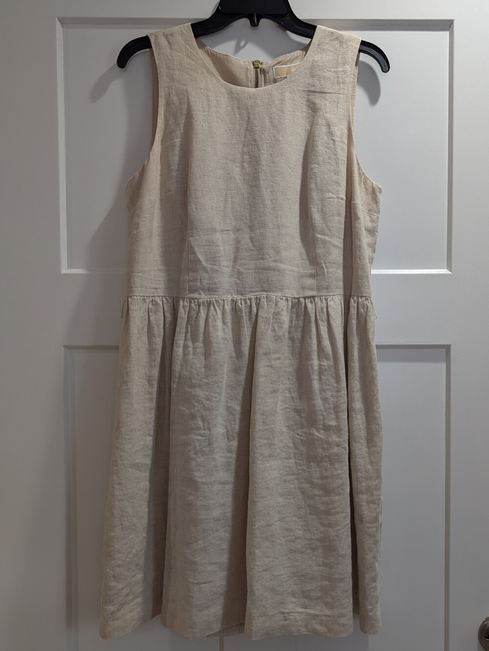 Beige Michael Kors linen dress features a subtle shimmer and a gold-tone